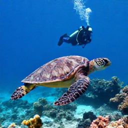 Caribbean Holidays, Puerto Rico Diving, Sea turtle swimming over a Caribbean reef with a scuba diver in the background