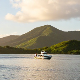 Caribbean Holidays, Puerto Rico Diving, Small dive boat leaving a Puerto Rico harbour at sunrise with green hills and calm Caribbean water