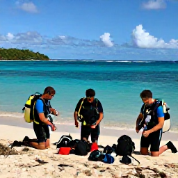Caribbean Holidays, Puerto Rico Diving, Small group of scuba divers preparing equipment beside a tropical beach in Puerto Rico