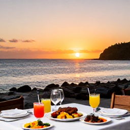 Caribbean Holidays, Puerto Rico Escapes, A relaxed Caribbean dinner beside the sea with local dishes, colourful drinks and a sunset sky