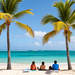 Caribbean Holidays, Puerto Rico Escapes, Travellers relaxing on a bright Caribbean beach with turquoise water and palm trees, representing a second island destination