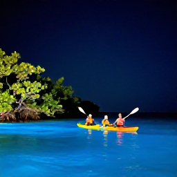 Caribbean Holidays, Puerto Rico Families, A family kayaking through calm bioluminescent waters at night in Puerto Rico, with mangroves and a starry sky