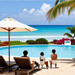 Caribbean Holidays, Puerto Rico Families, A family relaxing beside a Puerto Rican resort pool near a sandy beach, with shade umbrellas and tropical planting