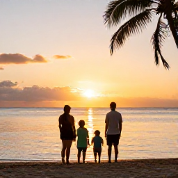 Caribbean Holidays, Puerto Rico Families, A family watching the sunset from a Puerto Rican beach, with soft golden light, calm sea and palm silhouettes