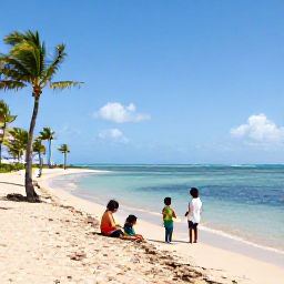 Caribbean Holidays, Puerto Rico Families, A sunny Puerto Rican beach with calm turquoise water, palm trees and a family enjoying the shoreline