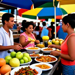 Caribbean Holidays, Puerto Rico Family Holidays, A family enjoying a colourful Puerto Rican food market with local dishes, fresh fruit and a welcoming evening atmosphere