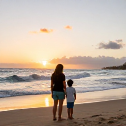 Caribbean Holidays, Puerto Rico Family Holidays, A family enjoying a peaceful evening beside a Puerto Rico beach, with a sunset sky, gentle waves and warm golden light