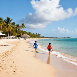Caribbean Holidays, Puerto Rico Family Holidays, A family-friendly beach in Puerto Rico with calm turquoise water, soft sand, palm trees and children paddling at the shoreline