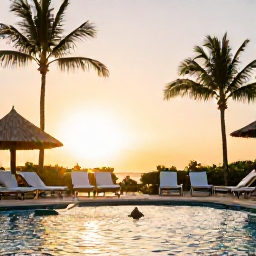 Caribbean Holidays, Puerto Rico Family Holidays, A family relaxing beside a Puerto Rican hotel pool at sunset, with palm trees, comfortable loungers and warm evening light