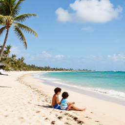 Caribbean Holidays, Puerto Rico Family Holidays, A family relaxing on a bright sandy beach in Puerto Rico in May, calm turquoise sea, palm trees and gentle sunshine