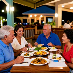 Caribbean Holidays, Puerto Rico Family Holidays, A family sharing a relaxed outdoor meal at a Puerto Rican restaurant in the evening, with colourful local dishes