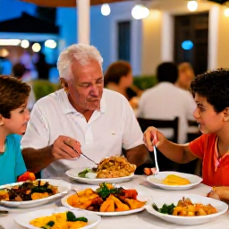 Caribbean Holidays, Puerto Rico Family Holidays, A family sharing casual Puerto Rican food at an outdoor restaurant in San Juan, with colourful dishes and a relaxed evening atmosphere