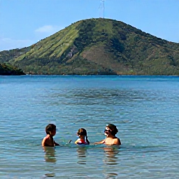 Caribbean Holidays, Puerto Rico Family Holidays, A family swimming in a calm Puerto Rican bay with snorkelling equipment, tropical fish and green hills in the background