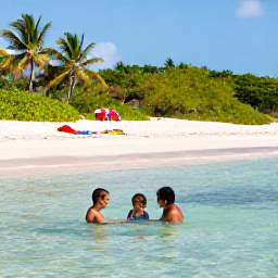 Caribbean Holidays, Puerto Rico Family Holidays, A family swimming in clear shallow water at a calm Puerto Rico beach, with tropical greenery, bright sunshine and colourful beach towels