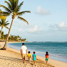 Caribbean Holidays, Puerto Rico Family Holidays, A family walking along a sunny Puerto Rican beach in October, with turquoise water, palm trees and soft golden light