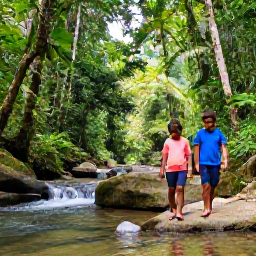 Caribbean Holidays, Puerto Rico Family Holidays, A family walking through El Yunque National Forest beneath lush tropical trees, beside a clear stream and small waterfall in Puerto Rico