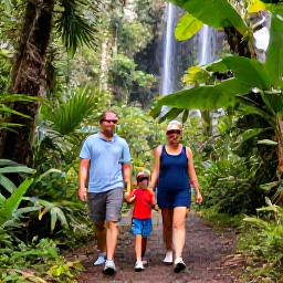 Caribbean Holidays, Puerto Rico Family Holidays, A family walking through El Yunque National Forest in Puerto Rico, surrounded by lush rainforest, tropical plants and a small waterfall