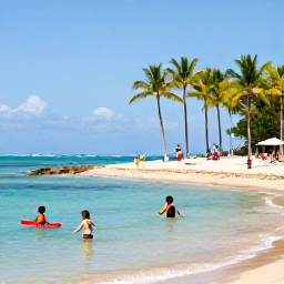 Caribbean Holidays, Puerto Rico Family Holidays, A relaxed family scene on a bright Puerto Rican beach, with children paddling in calm turquoise water and parents under palm trees