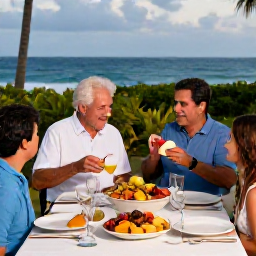 Caribbean Holidays, Puerto Rico Family Holidays, A relaxed Puerto Rican family dinner outdoors, featuring colourful local dishes, fresh fruit and a welcoming coastal evening atmosphere