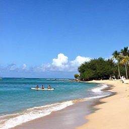 Caribbean Holidays, Puerto Rico Family Holidays, A sunny Puerto Rican beach with families paddling in calm turquoise water, palm trees and soft golden sand