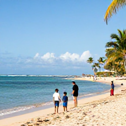 Caribbean Holidays, Puerto Rico Family Holidays, A sunny Puerto Rican family beach with calm turquoise water, soft sand, palm trees and families enjoying a relaxed January holiday