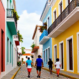 Caribbean Holidays, Puerto Rico Family Holidays, Families exploring colourful Old San Juan streets with pastel buildings, cobbled lanes and historic Spanish architecture