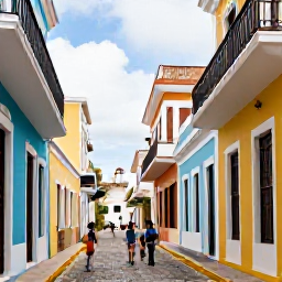 Caribbean Holidays, Puerto Rico Family Holidays, Families exploring the colourful streets of Old San Juan, Puerto Rico, with pastel buildings, cobbled lanes and historic forts
