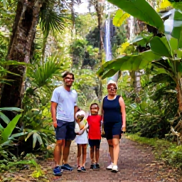 Caribbean Holidays, Puerto Rico Family Holidays, Families exploring the lush El Yunque National Forest in Puerto Rico, with a forest path, tropical plants, a small waterfall and filtered sunlight