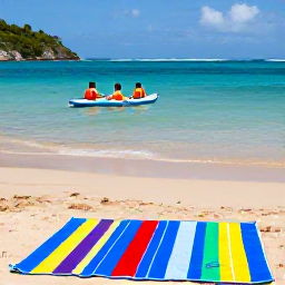 Caribbean Holidays, Puerto Rico Family Holidays, Families paddling and swimming in the clear shallow waters of a Puerto Rican beach, colourful beach towels, tropical coastline and sunny May weather
