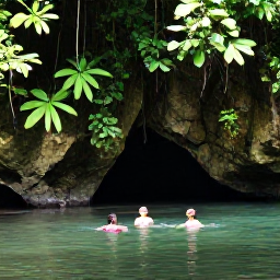Caribbean Holidays, Puerto Rico Family Holidays, Families swimming in clear water beneath green cliffs at El Yunque National Forest in Puerto Rico