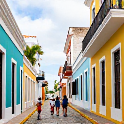 Caribbean Holidays, Puerto Rico Family Holidays, Families walking along the colourful historic streets of Old San Juan, Puerto Rico, with pastel buildings, cobbled lanes and colonial architecture