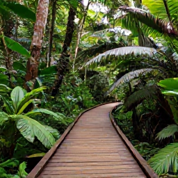 Caribbean Holidays, Puerto Rico Family Holidays, Family adventure in El Yunque National Forest, lush rainforest, wooden trail, small waterfall and tropical plants in Puerto Rico