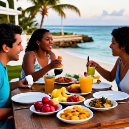 Caribbean Holidays, Puerto Rico Family Holidays, Family dining outdoors in Puerto Rico, colourful local dishes, fresh fruit, friendly atmosphere and warm evening light