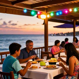 Caribbean Holidays, Puerto Rico Family Holidays, Family enjoying a relaxed evening at a Puerto Rican seaside restaurant, warm sunset, local food and colourful lights