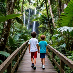 Caribbean Holidays, Puerto Rico Family Holidays, Family exploring the wooden walkways through El Yunque National Forest in Puerto Rico, lush rainforest, waterfalls and tropical plants