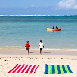 Caribbean Holidays, Puerto Rico Family Holidays, Family paddling in calm clear Caribbean water beside a sandy Puerto Rican beach, colourful beach towels and bright summer light