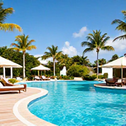 Caribbean Holidays, Puerto Rico Family Holidays, Family relaxing beside a swimming pool at a Puerto Rico resort, tropical gardens and blue sky