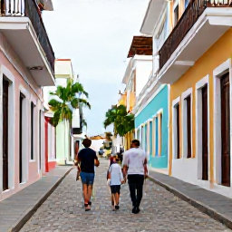 Caribbean Holidays, Puerto Rico Family Holidays, Family walking through colourful Old San Juan streets in Puerto Rico, pastel buildings, cobbled pavement and historic Spanish architecture