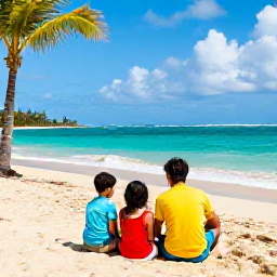 Caribbean Holidays, Puerto Rico Family Holidays, Happy family relaxing on a sunny Puerto Rican beach in August, turquoise sea, palm trees and gentle waves