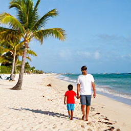 Caribbean Holidays, Puerto Rico Family Holidays, Happy family walking along a bright sandy beach in Puerto Rico in July, palm trees and calm turquoise sea