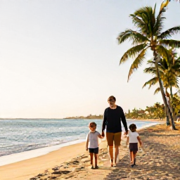 Caribbean Holidays, Puerto Rico February, A happy family walking along a sunny Puerto Rican beach in February, calm turquoise sea, palm trees and soft golden light