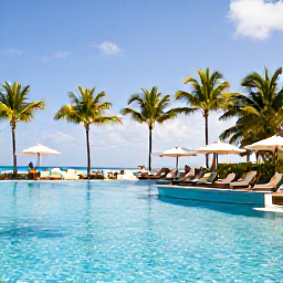 Caribbean Holidays, Puerto Rico February, Adults relaxing beside a stylish infinity pool at an adults-only resort in Puerto Rico, bright February sunshine and palm trees