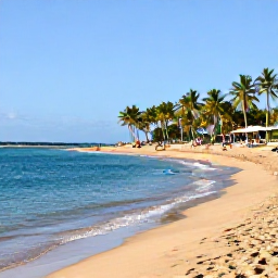 Caribbean Holidays, Puerto Rico February, Beautiful Puerto Rican beach in February with calm turquoise water, golden sand, palm trees and visitors relaxing in the sunshine