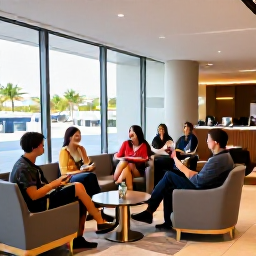 Caribbean Holidays, Puerto Rico February, Business class travellers relaxing in a modern airport lounge before a flight to Puerto Rico