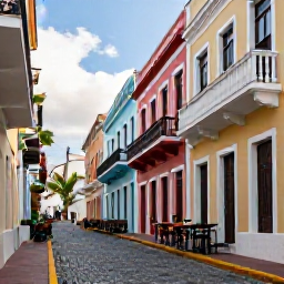 Caribbean Holidays, Puerto Rico February, Cobblestone street in Old San Juan with colourful Spanish colonial houses, balconies and local cafes