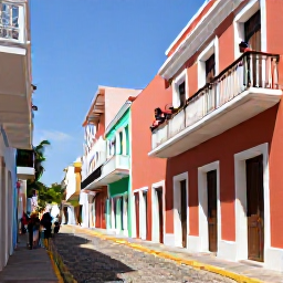 Caribbean Holidays, Puerto Rico February, Colourful cobbled street in Old San Juan with Spanish colonial buildings, balconies and visitors enjoying a sunny February afternoon