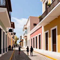 Caribbean Holidays, Puerto Rico February, Colourful colonial buildings and cobbled streets in Old San Juan, Puerto Rico, with a family exploring in bright afternoon sunshine