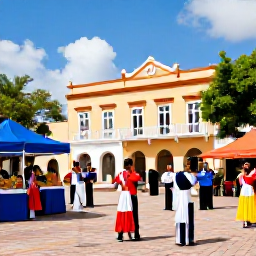 Caribbean Holidays, Puerto Rico February, Colourful Puerto Rican street festival in a historic town square during February, with musicians, dancers and local food stalls