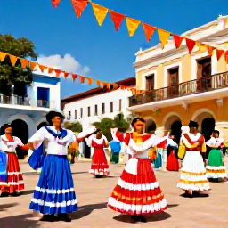 Caribbean Holidays, Puerto Rico February, Colourful Puerto Rican street festival in February with musicians, dancers and traditional decorations in a historic town square