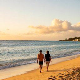 Caribbean Holidays, Puerto Rico February, Couple walking along a golden beach in Puerto Rico at sunset, calm turquoise sea and comfortable February evening light